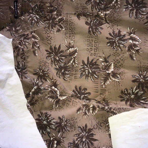 VTG Pierre Cardin Mens Hawaiian Shirt SzL Earth Tones Coconut Buttons Pre-Owned - Picture 12 of 15